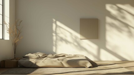 Modern minimalistic interior, a bed in the bedroom against an empty white wall, a carpet on the floor, a small square unframed painting on the wall
