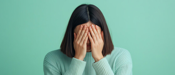 A woman covers her face with her hands, expressing emotions of distress or sadness against a soft green background, capturing vulnerability.