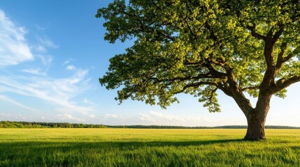 Fototapeta premium Lone tree under blue sky in a vast green meadow