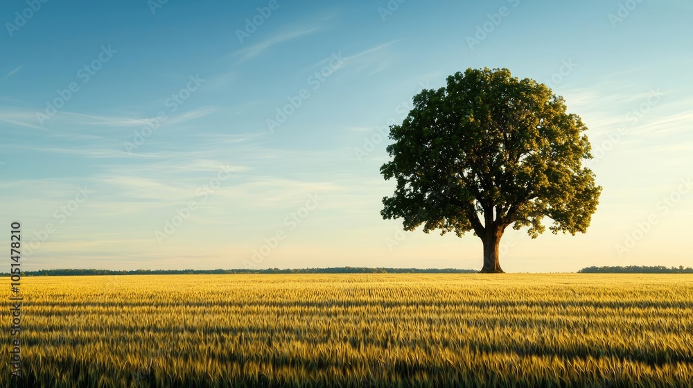 Poster lone oak tree standing tall in a golden wheat field under a clear sky.