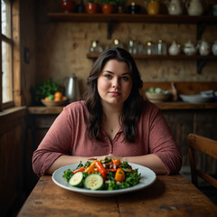 Portrait Of A Confident Plus-size Woman, Fat, Weight Loss, Looks At A Plate Of Colorful Grilled Vegetables, Sitting In The Dining Room In A Cozy Kitchen Atmosphere, Happy For Change Lifestyle Healthy 