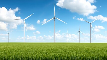 Wind turbines, green field, blue sky