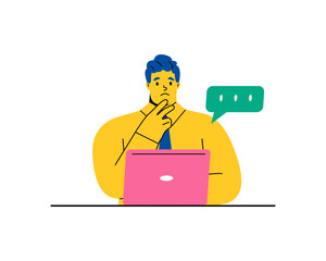 Online communication business man with laptop chat.  Flat vector illustration isolated on white background