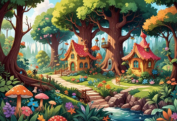 Fototapeta premium Fairytale house in the forest surrounded by flowers against the backdrop of tall trees 