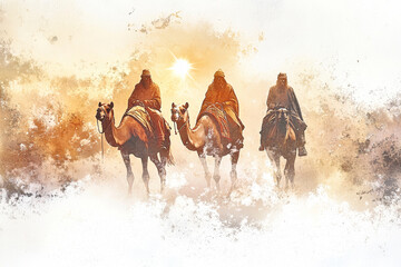 Three wise men on camels journeying under the star of Bethlehem with a warm vintage feel emblazoned against a soft white background