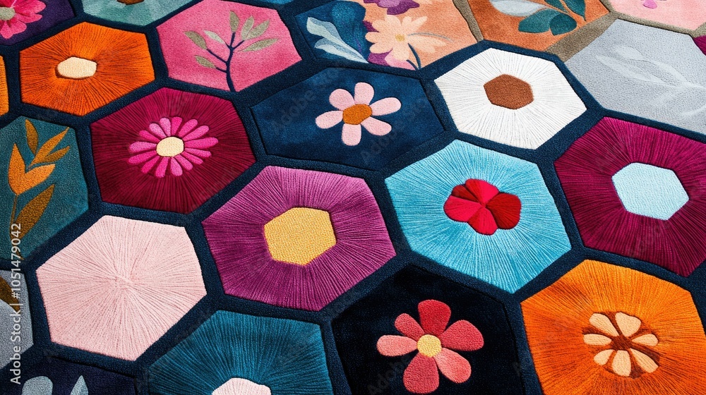 Poster colorful florals in hexagonal shapes create a bold retro-inspired pattern with geometric precision. 