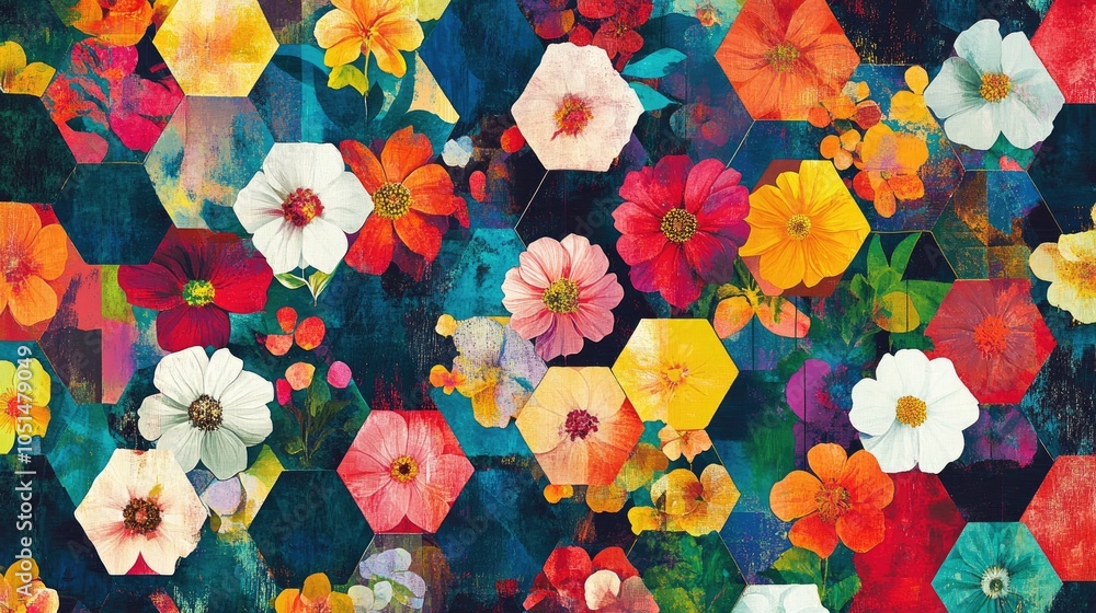 Poster colorful florals in hexagonal shapes create a bold retro-inspired pattern with geometric precision. 