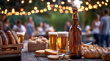 A festive outdoor gathering with beer and snacks on a rustic table.
