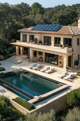 Fototapeta premium A contemporary villa featuring a large pool and solar panels, set amid beautiful trees, invites relaxation and sustainable living in a serene outdoor environment