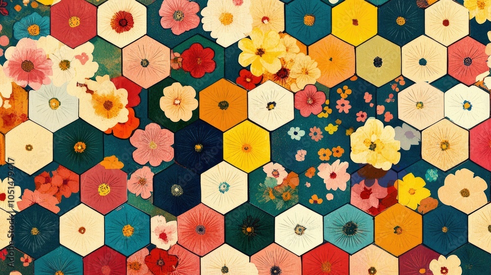 Poster colorful retro florals in hexagonal shapes create a striking geometric pattern that evokes vintage c