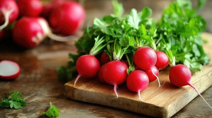 A rustic kitchen countertop with fresh red radishes, herbs, and a cutting board, ready to be chopped for a healthy meal.