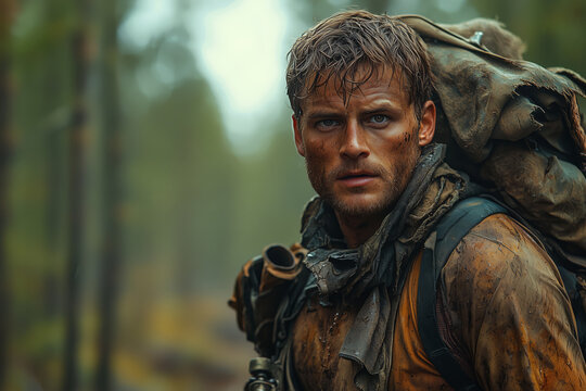 Survivalist adventurer in a remote forest setting