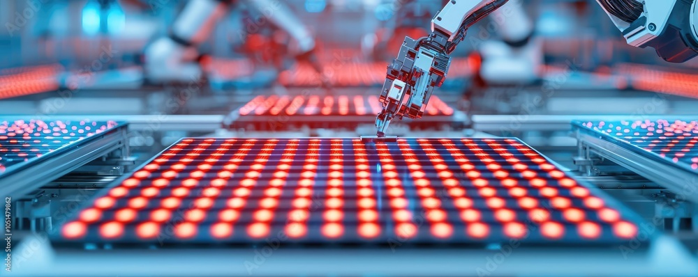 Poster robot arm manipulating bright led panels in a high-tech environment.