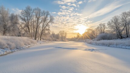 A winter wonderland with snow-covered trees, a frozen river, and the soft glow of the morning sun breaking through clouds.