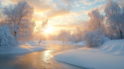 A winter wonderland with snow-covered trees, a frozen river, and the soft glow of the morning sun breaking through clouds.