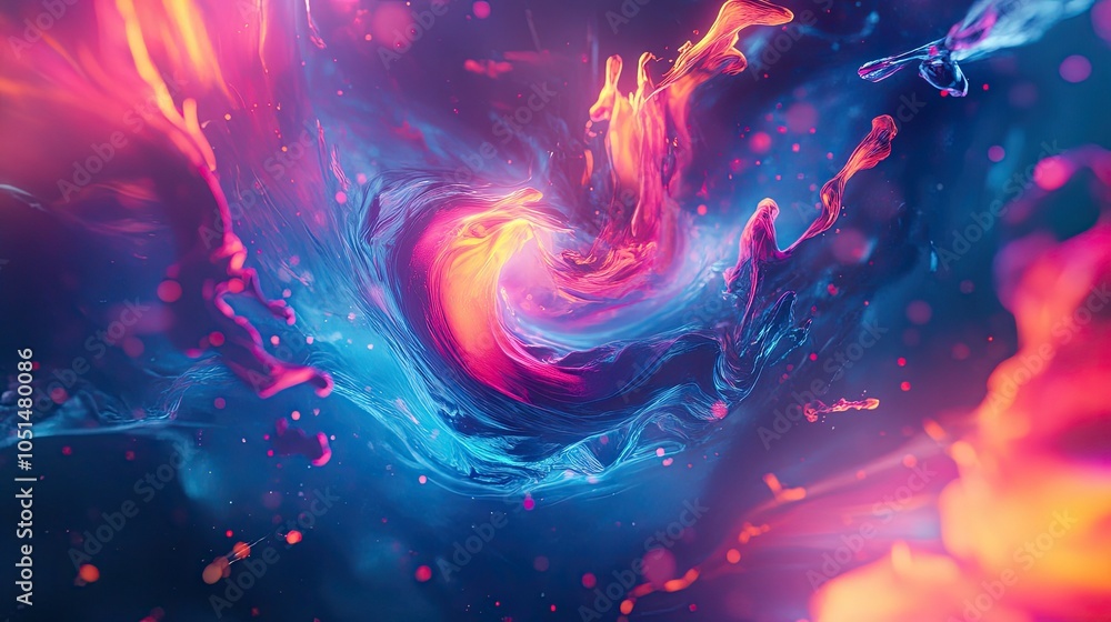 Poster energetic swirl abstract blob design in vibrant neon hues, with fluid, organic shapes swirling in dy