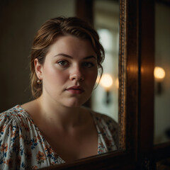 Portrait Of A Plus-size Woman Looking At A Vintage Mirror With Contemplative Expression, Warm Glow, Soft-focus, Emotional Portrait Self-reflection