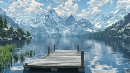 A scenic platform on a mountain lake, framed by breathtaking mountain views and calm waters, perfect for relaxation and reflection.