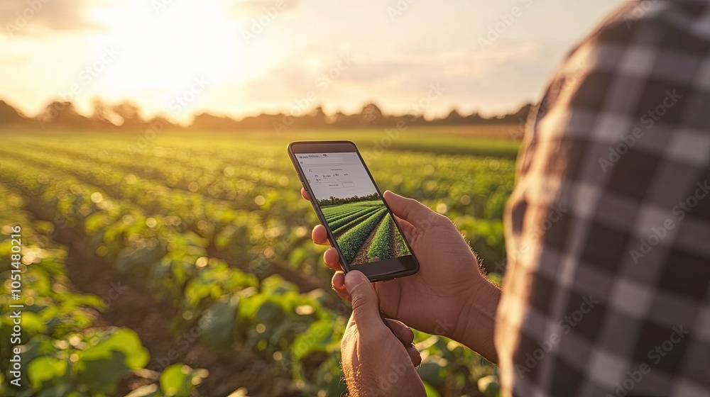 Aufkleber farmers using a smartphone app to control irrigation systems across a large field, representing digi