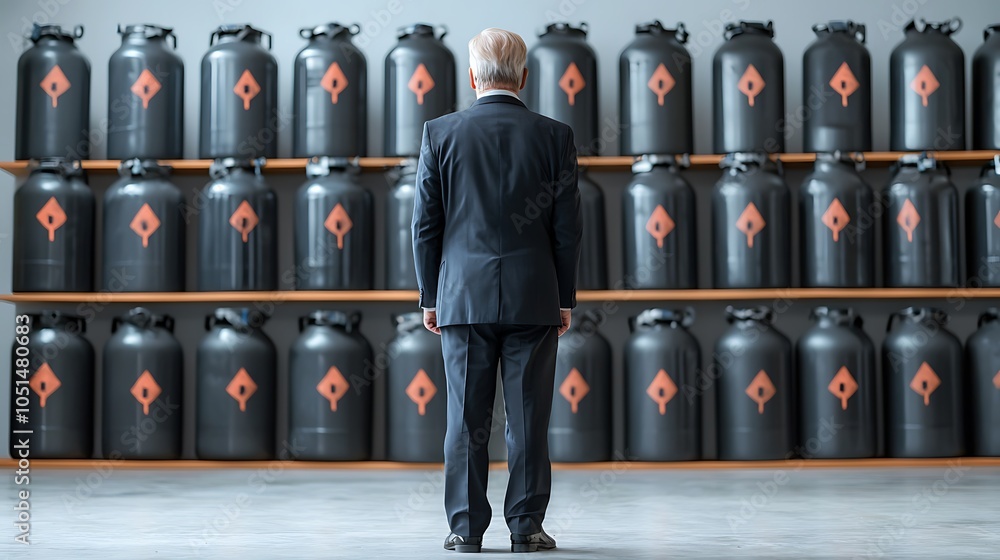 Wall mural a businessman contemplates strategy in front of industrial containers a symbol of modern challenges 