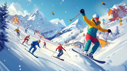 A group of people skiing down a mountain slope on a sunny winter day.