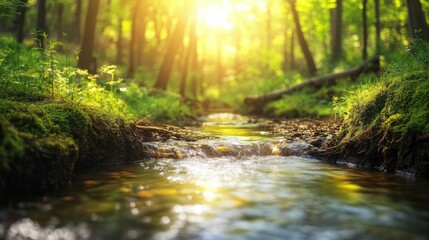 Obraz premium A serene image of a blurred forest stream, providing a calming backdrop for creativity, with ample space for personalized messages.