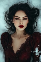 Beautiful brunette female model, in dark red dress, long black hair, pale skin, smokey makeup with red lipstick, and a beautiful smile, laying in snow. 