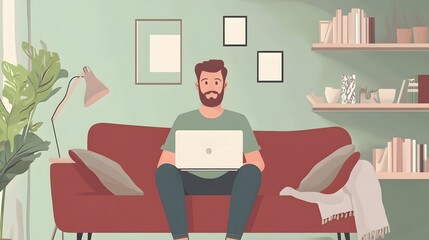Cartoon man sitting at home with laptop isolated flat vector illustration. Young businessman on sofa with computer. Lifestyle, freelance and chat concept .