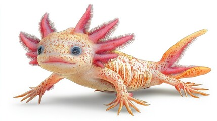 Fototapeta premium A pink and orange axolotl with feathery gills and a white background.