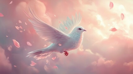 A tiny, graceful bird with feathers resembling soft, pastel petals that glow faintly in the sky. Its wings flutter lightly, and when it flies, a trail of glowing petals falls from its body, dissol