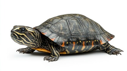 Obraz premium A painted turtle with a dark brown shell, yellow and black stripes, and a red stripe on the edge of the shell, isolated on a white background.
