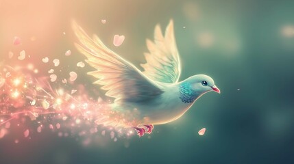Fototapeta premium A tiny, graceful bird with feathers resembling soft, pastel petals that glow faintly in the sky. Its wings flutter lightly, and when it flies, a trail of glowing petals falls from its body, dissol