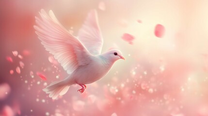 Obraz premium A tiny, graceful bird with feathers resembling soft, pastel petals that glow faintly in the sky. Its wings flutter lightly, and when it flies, a trail of glowing petals falls from its body, dissol