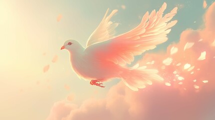 Fototapeta premium A tiny, graceful bird with feathers resembling soft, pastel petals that glow faintly in the sky. Its wings flutter lightly, and when it flies, a trail of glowing petals falls from its body, dissol