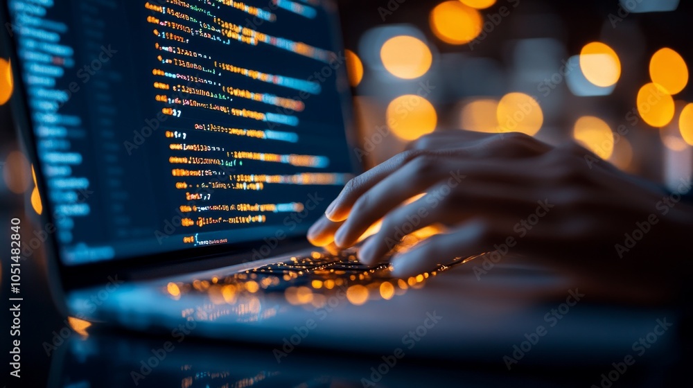 Poster a person is actively typing code on a laptop keyboard, with illuminated text and colorful bokeh ligh