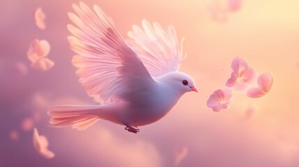 Obraz premium A tiny, graceful bird with feathers resembling soft, pastel petals that glow faintly in the sky. Its wings flutter lightly, and when it flies, a trail of glowing petals falls from its body, dissol