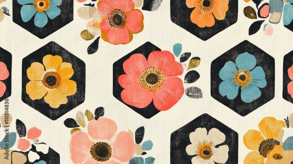 Poster retro flowers nestled inside geometric hexagons create a visually rhythmic pattern filled with energ
