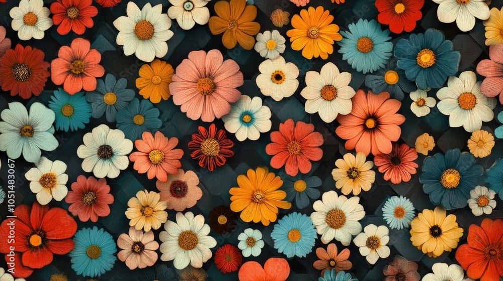 Poster retro flowers nestled inside geometric hexagons create a visually rhythmic pattern filled with energ