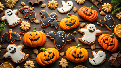 Obraz premium Halloween Cookies in Various Shapes on Dark Background. Perfect for: Halloween, bakeries, parties
