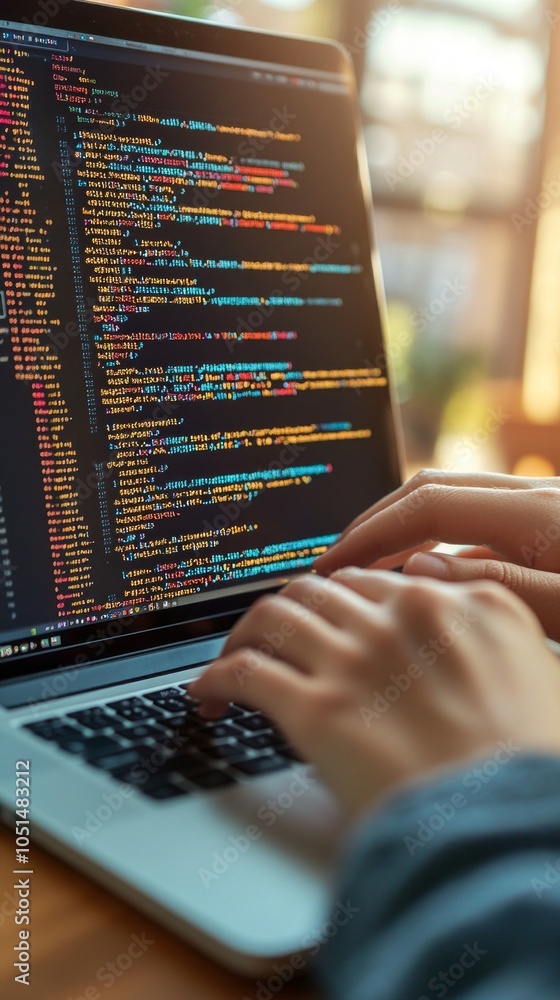 Poster a person types on a laptop, showcasing vibrant code in a well-lit office setting, emphasizing the di