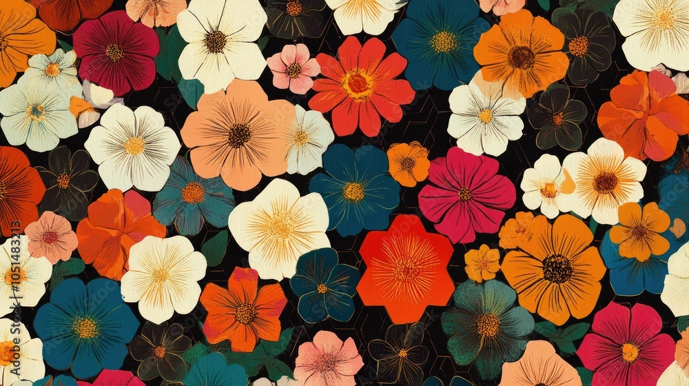 Poster retro hexagonal pattern adorned with lively flowers in vibrant hues. the geometric repetition create