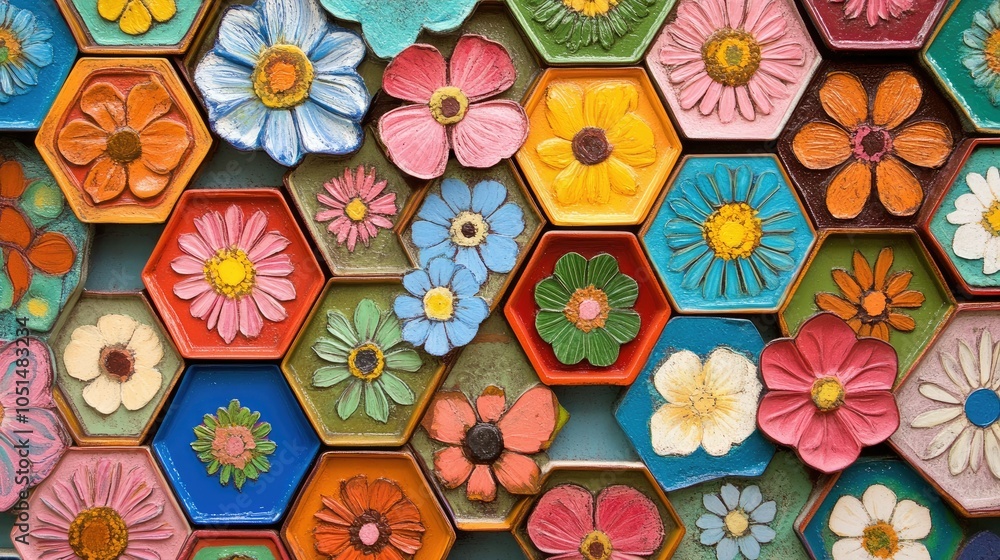 Poster retro hexagonal pattern adorned with lively flowers in vibrant hues. the geometric repetition create