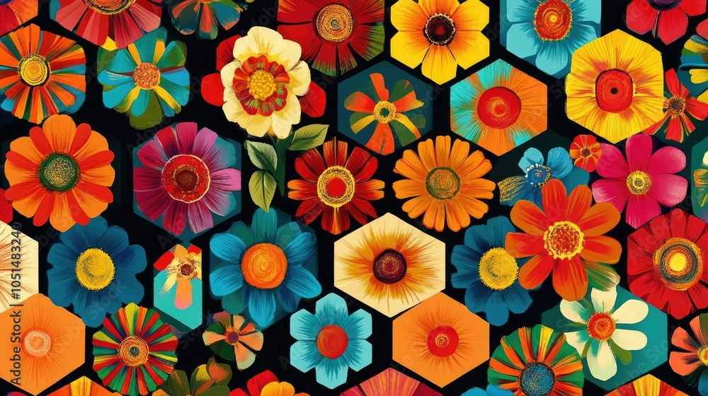 Poster retro hexagonal pattern adorned with lively flowers in vibrant hues. the geometric repetition create