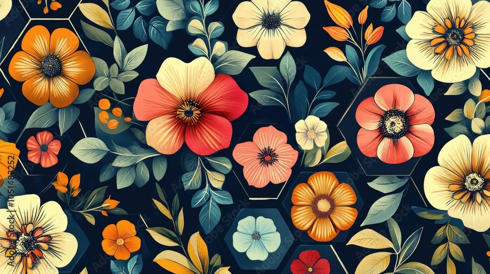 Aufkleber retro hexagonal pattern adorned with lively flowers in vibrant hues. the geometric repetition create