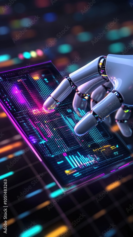 Poster sleek robot hand interacting with digital hologram display