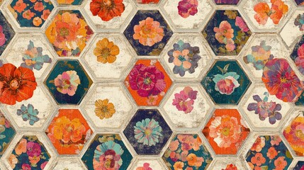 Fototapeta premium Retro-inspired floral hexagon pattern featuring vibrant blooms nestled within hexagonal shapes, creating a mesmerizing and rhythmic visual. Bold colors evoke a lively, vintage charm.
