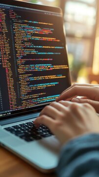 A person types on a laptop, showcasing vibrant code in a well-lit office setting, emphasizing the digital workspace and programming activity