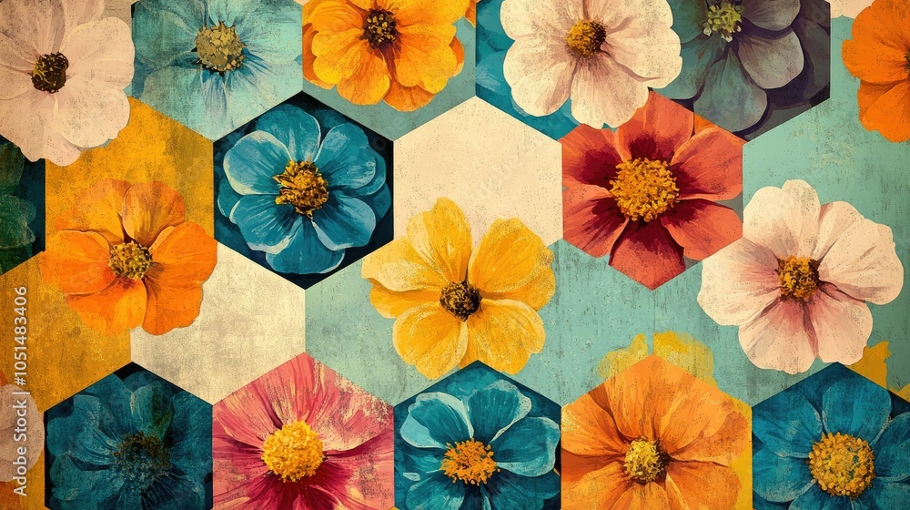 Poster retro-inspired hexagons filled with colorful flowers create a rhythmic visual pattern, combining geo