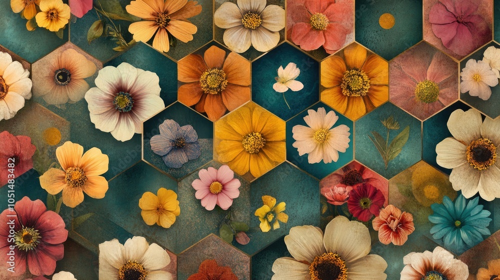 Poster retro-inspired hexagons filled with colorful flowers create a rhythmic visual pattern, combining geo