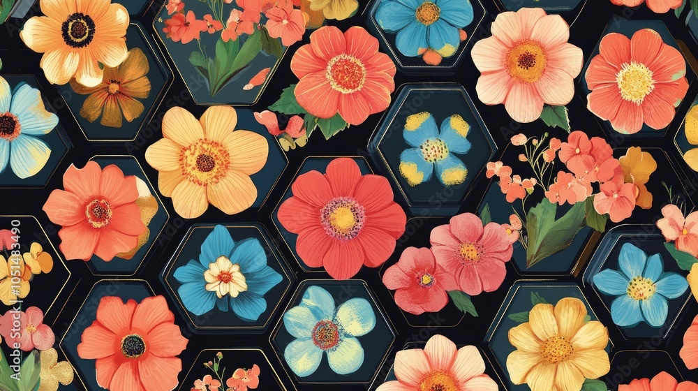Poster retro-inspired hexagons filled with colorful flowers create a rhythmic visual pattern, combining geo